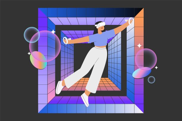 Metaverse娱乐。平面矢量插画，女性戴着虚拟现实眼镜和VR头戴设备，互动和探索虚拟世界。未来创新的概念。图片下载