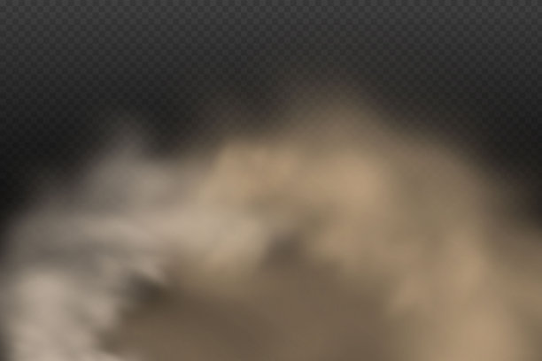 一团棕色的尘土和沙尘，还有飞扬的干沙尘和尘土。在尘土飞扬的道路或高速公路上行驶时留下的痕迹。一股股黑烟。透明背景上的现实插图。图片下载