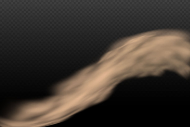一团棕色的尘土和沙尘，还有飞扬的干沙尘和尘土。在尘土飞扬的道路或高速公路上行驶时留下的痕迹。一股股黑烟。透明背景上的现实插图。图片下载