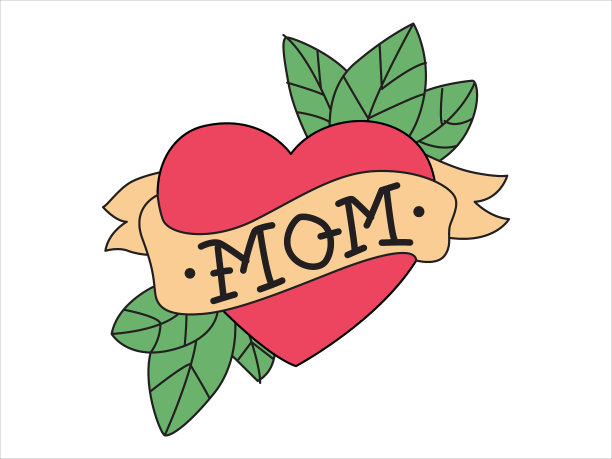 心形纹身，绿叶和丝带图片下载