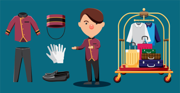 酒店服务生推行李车送行李到酒店房间图片下载