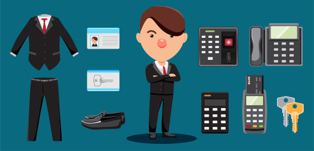 酒店工作人员配备的设备有制服、西装、卡、保险柜、计算器、电话、刷卡机、钥匙图片下载