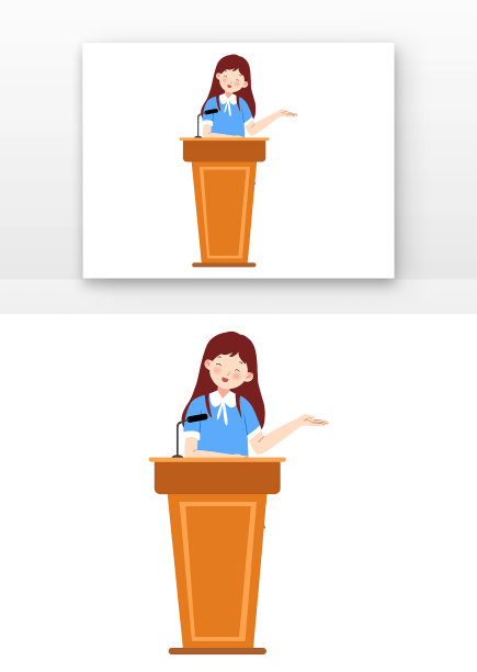 穿蓝色短袖上衣做手势演讲的女孩演讲台元素图片下载