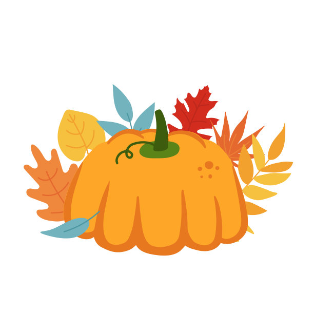 可爱的带叶子的南瓜。秋天的节日作文为收获的节日或感恩节。矢量手绘插图图片下载