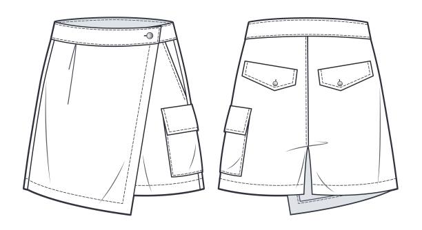 短裤技术时尚插图。高腰短裤，裙子时尚平面素描模板，前，后视图，白色，女性，CAD模型。图片下载