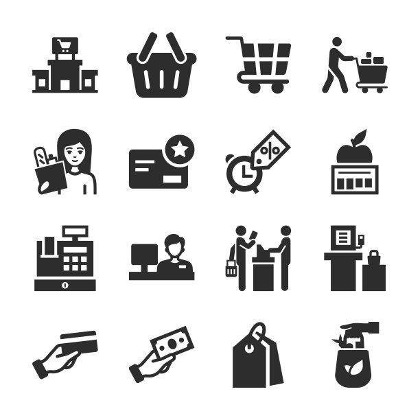 超市、商场图标集。顾客在商店里买东西。买方和卖方。食物价格，收银员，收银机。单色黑白图标。图片下载