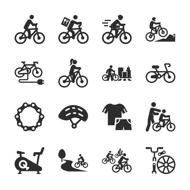 骑自行车图标集。骑自行车，赛车，下坡，搭便车。自行车的工具和设备。单色黑白图标。图片下载
