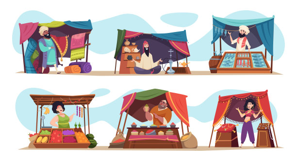 亚洲市场。卡通人物出售不同的美味食品、地毯和纪念品珠宝精确矢量东方的人图片下载