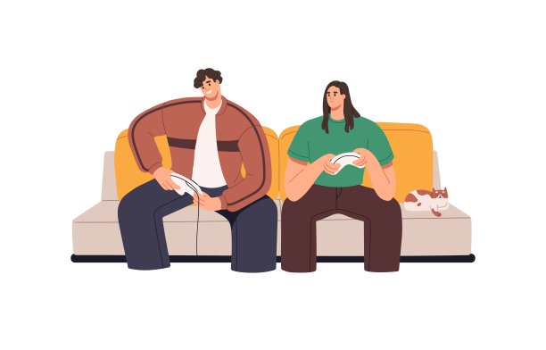 一对玩游戏的情侣坐在沙发上玩游戏。年轻的男女朋友在家里一起用游戏机玩电子游戏。平面矢量插图孤立在白色背景上图片下载