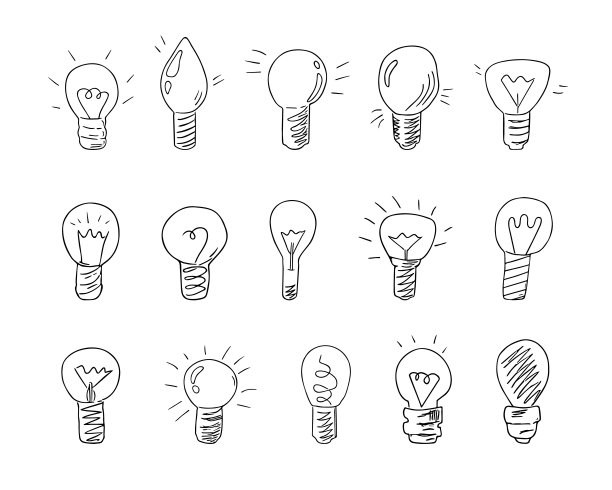 涂鸦灯泡，手绘电器装置，构思概念。科学发现的标志，洞察力。素描,徒手画的简约设计。图片下载