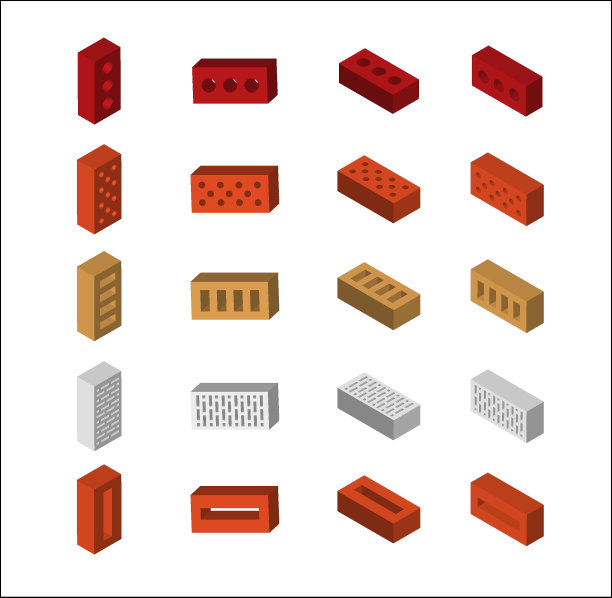 不同的砖块在四个位置。等距3d图标集。砖房等建筑构件。图片下载