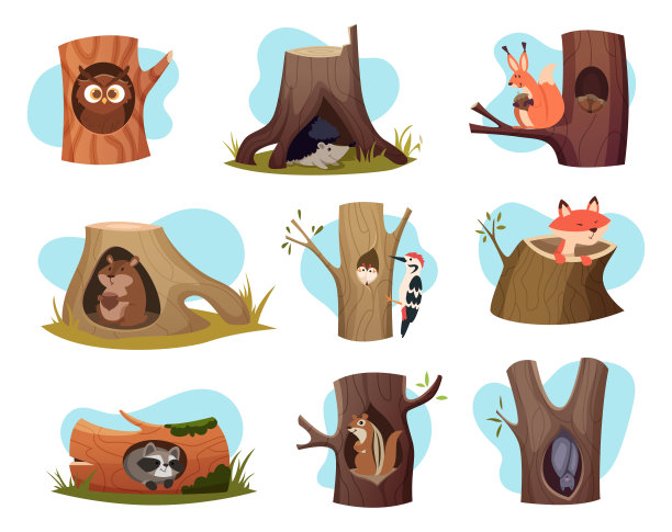 空心树。舒适的房子为野生森林动物确切的向量字符图片下载