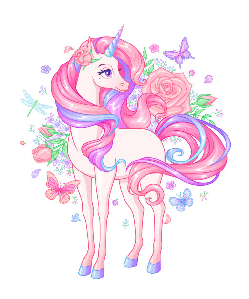 美丽的粉色独角兽被鲜花和蝴蝶包围。卡通矢量插图。图片下载