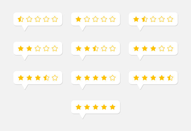 灰色背景上的星级图标。一到五星的半身人反馈，评论，评价我们的符号。一到五颗满星和半满星。图片下载