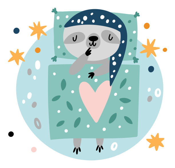 沉睡的动物。快乐的宝宝睡在月亮上。卡通生物在床上盖着毯子做梦。树懒戴睡帽躺在月亮上。恒星和行星。午睡哺乳动物。向量晚上放松图片下载