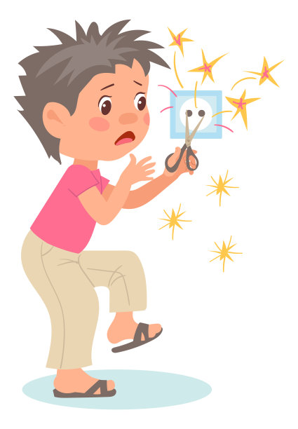 孩子们摧毁。孩子的不良行为。一个男孩在玩电源插座和剪刀。不停地动破坏行动。危险的游戏。婴儿损坏电源适配器。矢量图图片下载