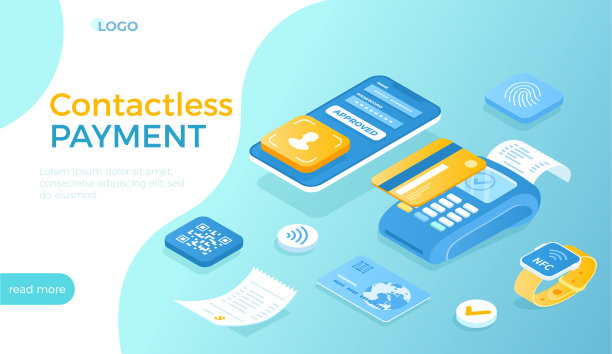 Сontactless支付技术，NFC。无线移动支付。POS终端、智能手机、信用卡、智能手表、扫码。网站的等距矢量插图。图片下载