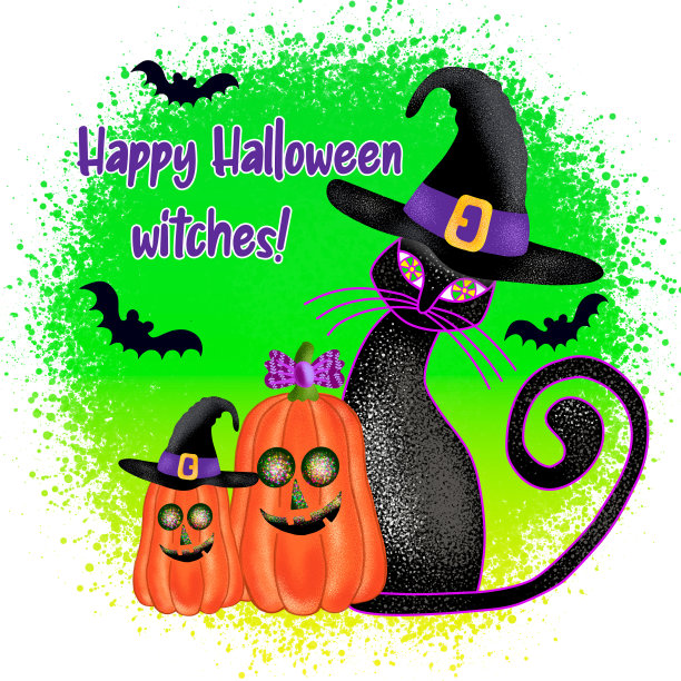 戴着帽子的万圣节猫和南瓜，蝙蝠。万圣节秋天插图。图片下载