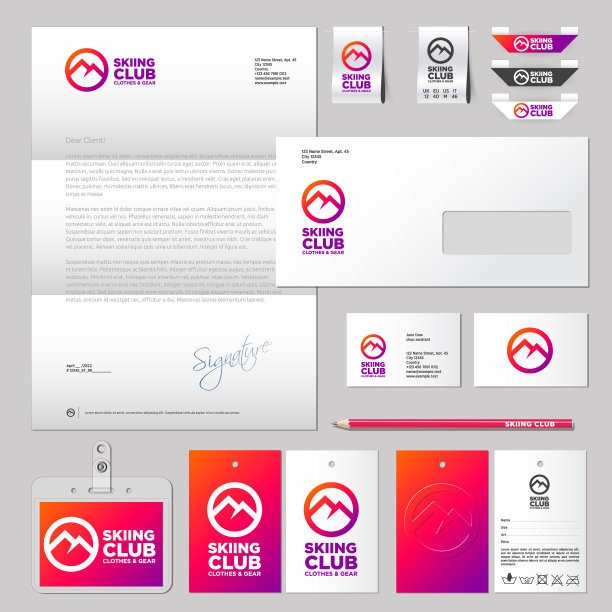 滑雪俱乐部标志和身份运动服和设备。一套标签和标签，和公司文件:徽章，铅笔，信件，和名片。图片下载