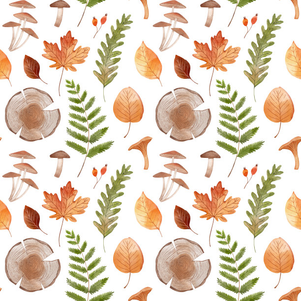水彩秋色无缝图案。落叶和森林元素。枫木、蕨类、浆果、蘑菇、年轮。红色，橙色，黄色。完美的织物，纺织品，包装纸，季节卡图片下载