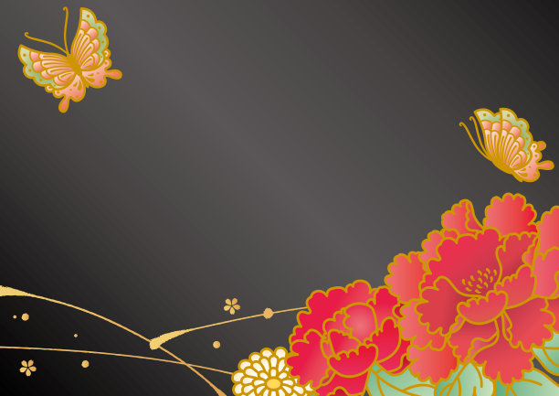 黑色日本图案牡丹和蝴蝶背景图片下载