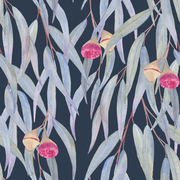 尤加利树枝上有叶花无缝的图案。手绘插图的药用树细枝。没完没了的树叶背景。用于布料和墙纸。图片下载