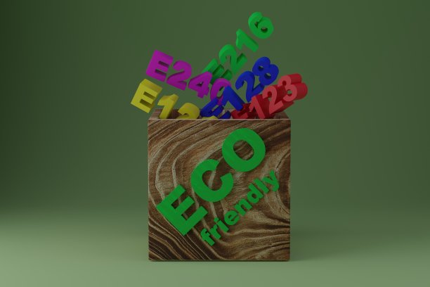 绿色清洗的概念。将写有“生态有害添加剂E”的木箱倒进去。绿色背景。欺骗、误导买家。隐瞒产品的真相。将伤害描述为好处。图片下载