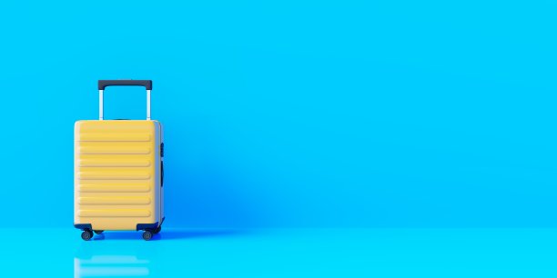 蓝色背景的黄色行李箱。三维渲染图片下载