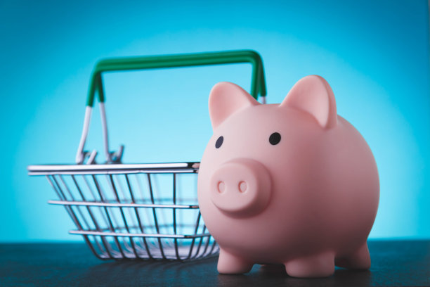 存钱买食物。存钱的存钱罐和放商品的篮子。图片下载