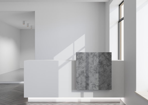 白色的接待柜台，白色的墙壁。酒店、水疗中心或办公室的空白登记台。接待处模拟与复制空间的品牌，标志。当代风格。3 d渲染。图片下载