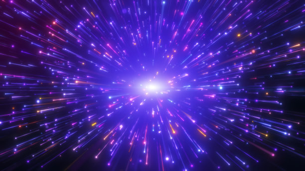 粉红色紫色蓝色的光运行，飞行通过空间。图片下载