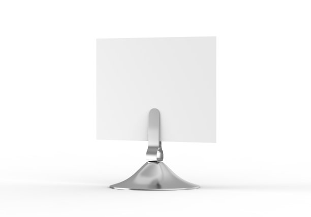 带有金属支架模型的桌子标志，孤立的白色背景上的桌子谈话者，3d渲染插图图片下载
