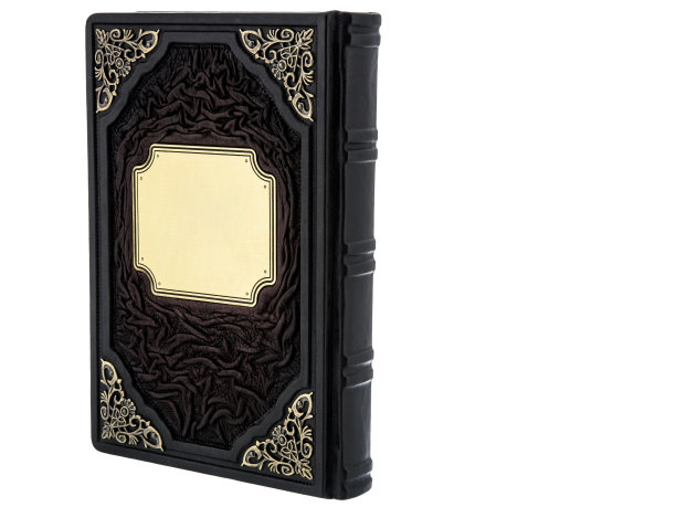 深色皮革模型书封面颜色孤立在白色背景，正面观点。有空标签和金属配件。图片下载