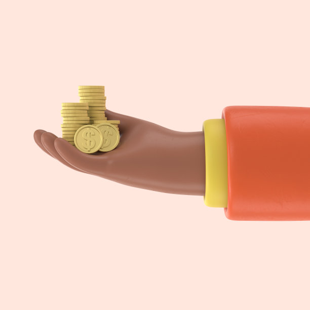 3 d演示。卡通人物手持金币。商业剪贴画隔离在黄色背景上。付款和购物。图片下载