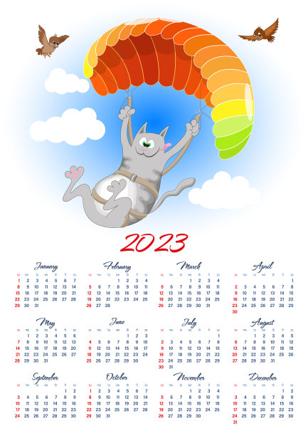 降落伞上有卡通猫的2023年日历图片下载