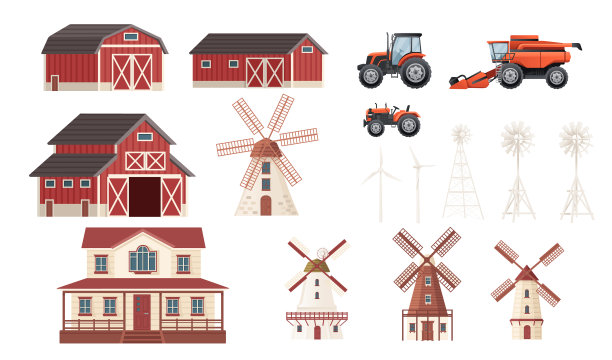 一套带有农业机械的乡村建筑图片下载