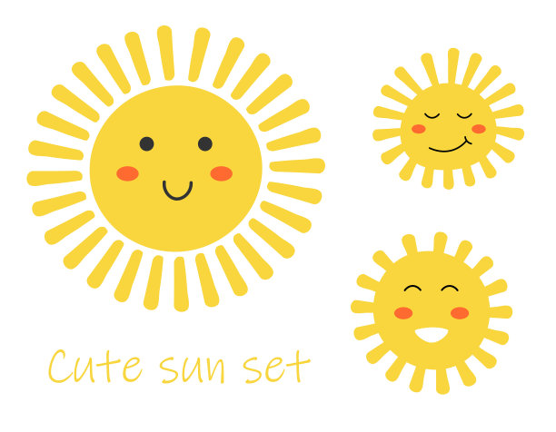 可爱的卡通太阳人物与卡哇伊的脸。简单的涂鸦黄色吉祥物孤立在白色背景。平面手绘图标设置。图片下载