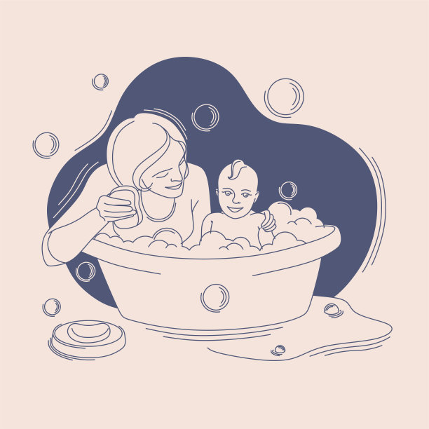 一位母亲和一个孩子在浴缸里给婴儿洗澡。线性风格的母性和儿童保育概念。孤立的矢量图图片下载