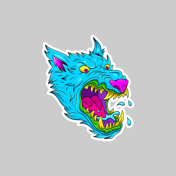 超现实主义的狼头贴纸。幻想的动物的概念。漫画艺术矢量插图。图片下载