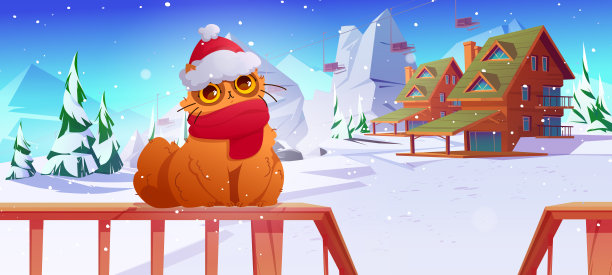 有趣的猫戴着圣诞老人的帽子和围巾，雪景图片下载