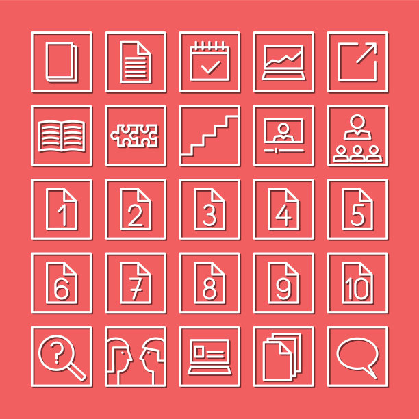 学习和办公，文件和文件。平的图标集。红色背景上的白色线性图标。图片下载