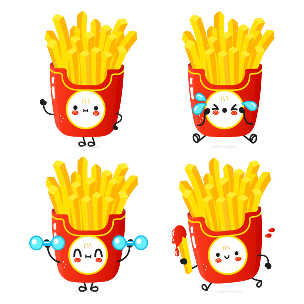 有趣可爱的快乐炸薯条人物捆绑集。矢量手绘涂鸦风格的卡通人物插图图标设计。可爱的薯条吉祥物人物收藏图片下载