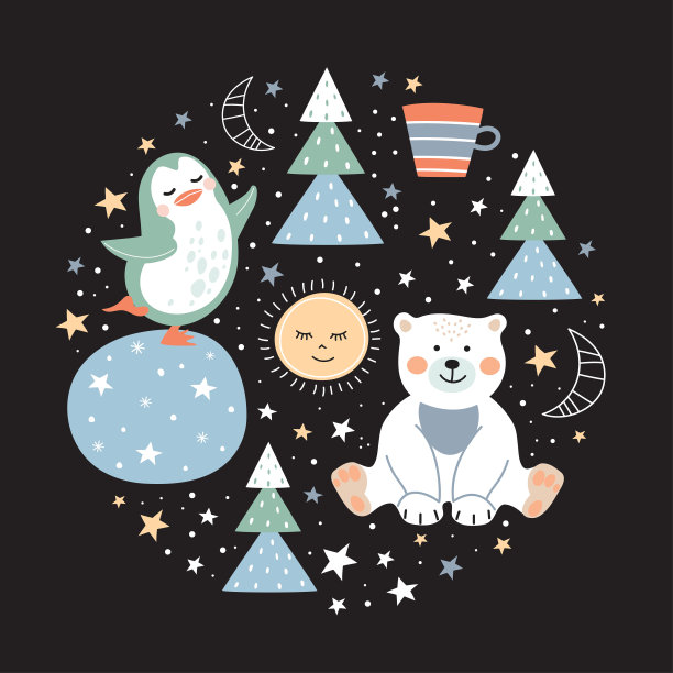 圆形插图，北极熊，企鹅，冷杉树，雪花。冬天的背景。图片下载