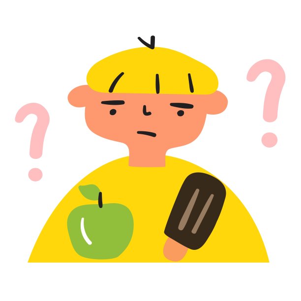 男孩在健康和不健康的食物之间做选择。苹果水果和冰淇淋。图片下载