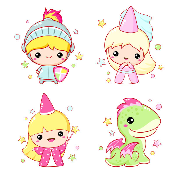 一套可爱的童话人物。小公主，骑士，仙女和龙。可爱的童话集合图片下载