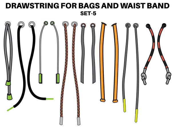 绳扁平素描矢量插图画家。一套带肩带的拉绳，用于腰带，包，鞋，夹克，短裤，裤子，服装服装，拉绳的衣带，用于衣服拉或收紧图片下载