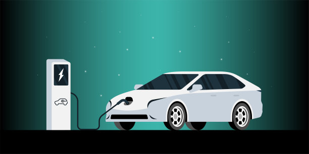电动汽车充电站。带插头电缆的智能电动汽车充电停车场。电动现代电动汽车运输动力充电。生态交通能量补给。矢量图图片下载
