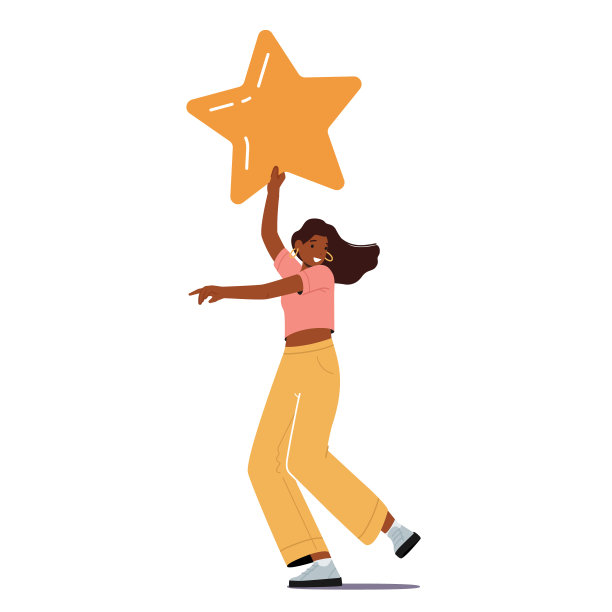 女子持有黄星以评价服务或商品。客户女性角色反馈和高评分。客户审查图片下载