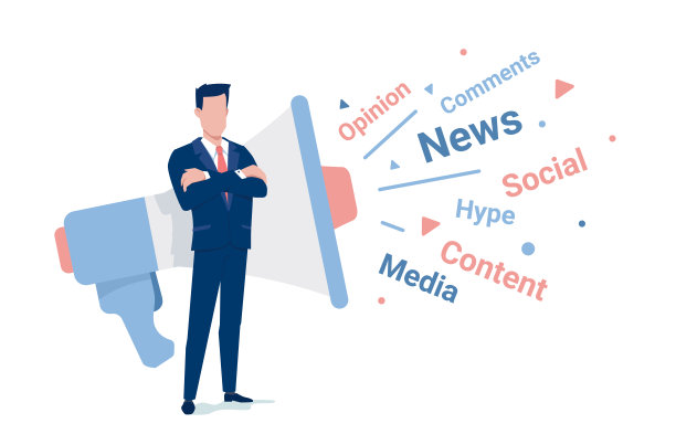矢量商业插图的商人和扩音器与字白色背景。平面风格设计的人的社交媒体横幅图片下载