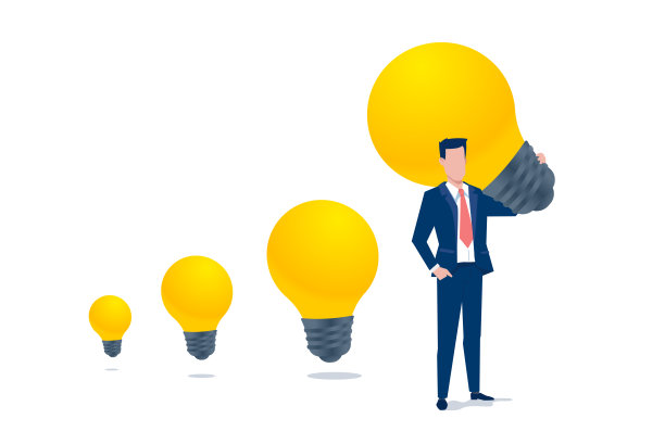 矢量商业插图的商人持有黄色灯泡在白色背景。扁平化的风格设计是人的创造理念图片下载